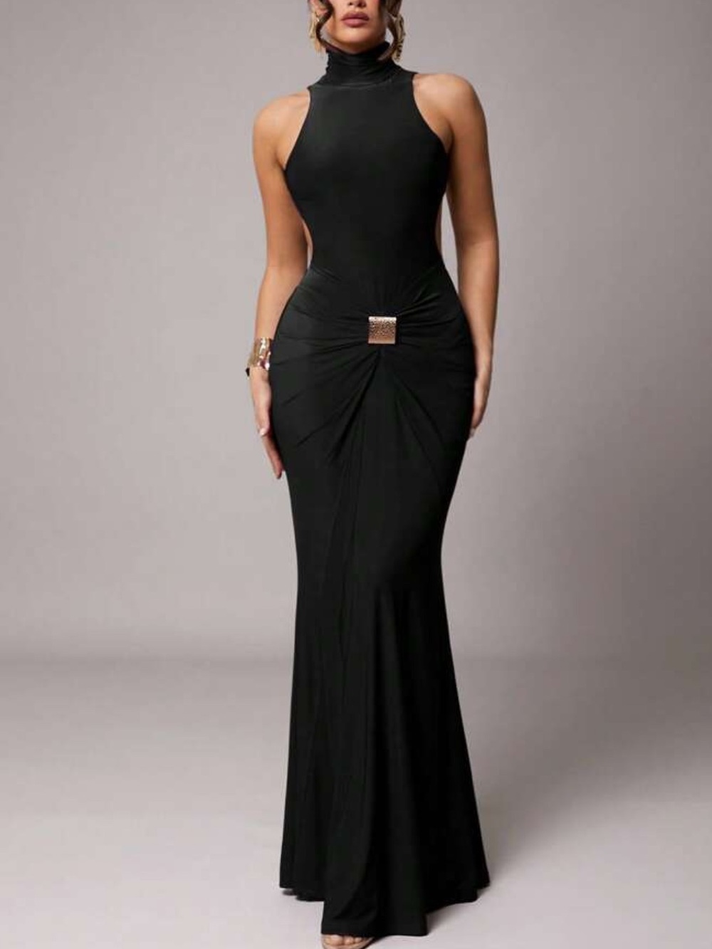 Elegant Black High-Neck Evening Gown
